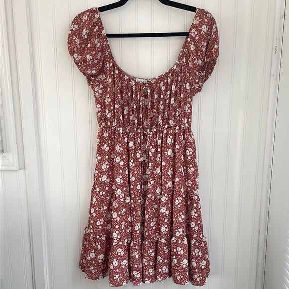 MINE Peasant Babydoll Milkmaid Off-the-shoulder Mini Tiered Dress Dusty Rose S - Picture 3 of 14